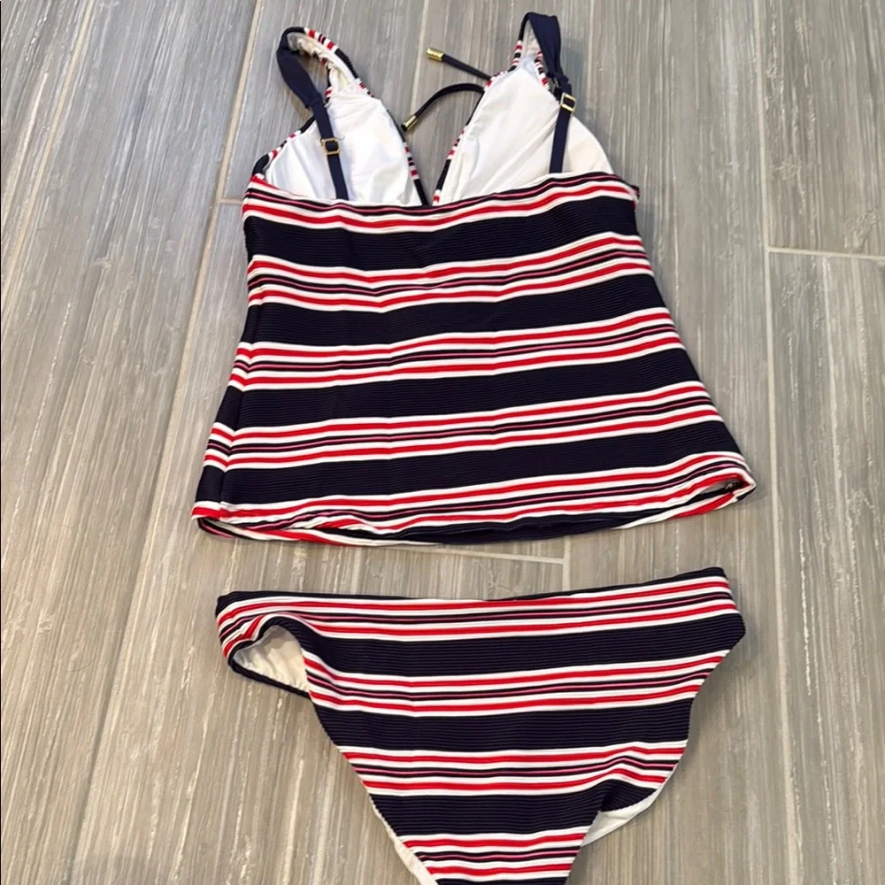 La Blanca Tankini Striped Swimsuit with Lace-Up Detail, size 6